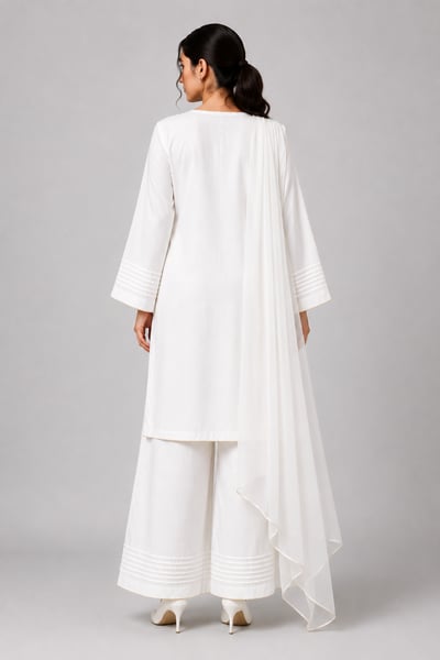 Kaneez - White Band-Collar Pintuck Suit - view 3