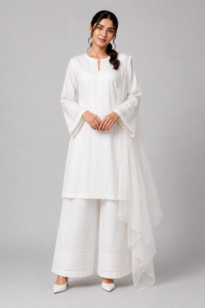 Kaneez - White Band-Collar Pintuck Suit