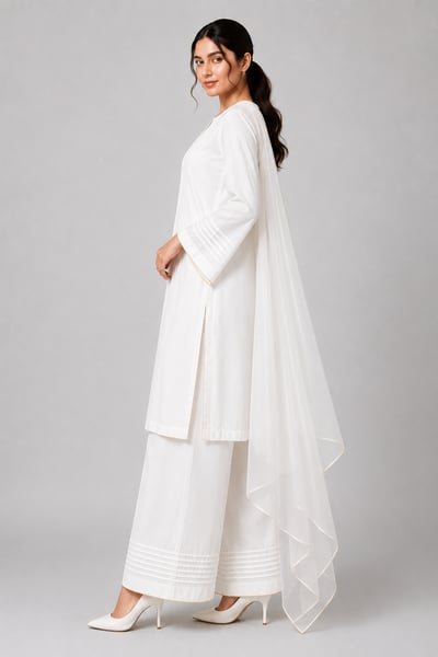 Kaneez - White Band-Collar Pintuck Suit - view 2