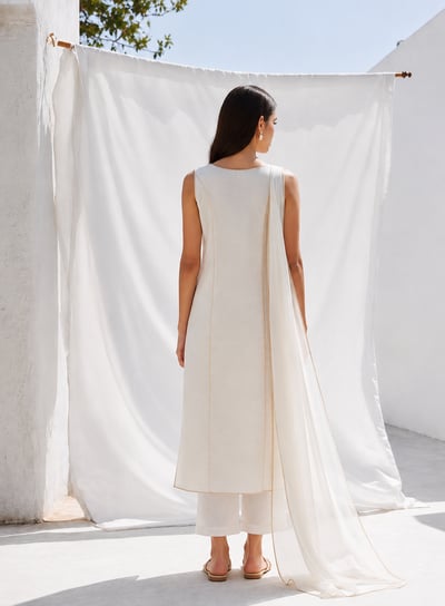 Sunehri - Ivory Scoop-Neck Sleeveless Long Shirt Set - view 3