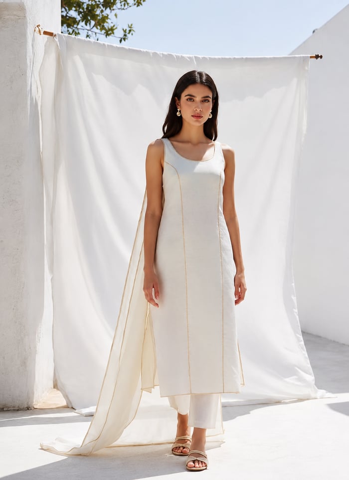 Sunehri - Ivory Scoop-Neck Sleeveless Long Shirt Set