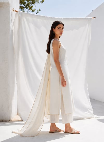 Sunehri - Ivory Scoop-Neck Sleeveless Long Shirt Set - view 2
