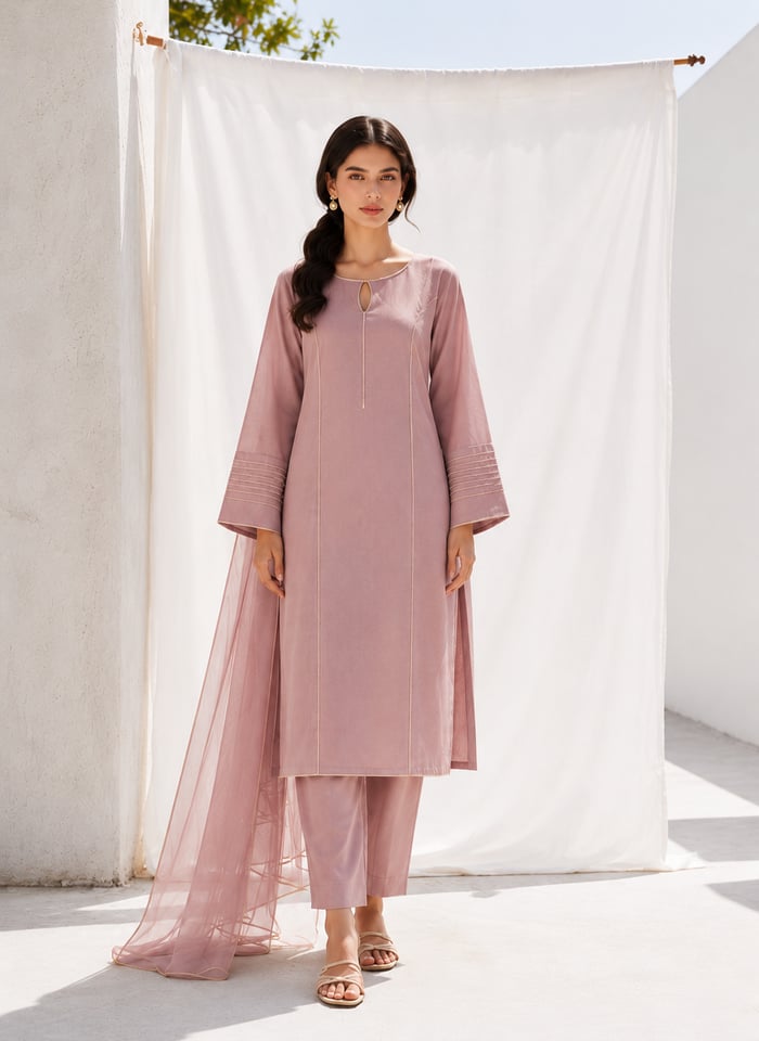 Zarghuna - Rose Mist Keyhole Bell-Sleeve Party Set