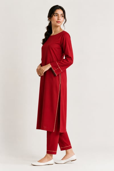 Ambain - Ruby Red Minimal Straight Suit Set - view 2