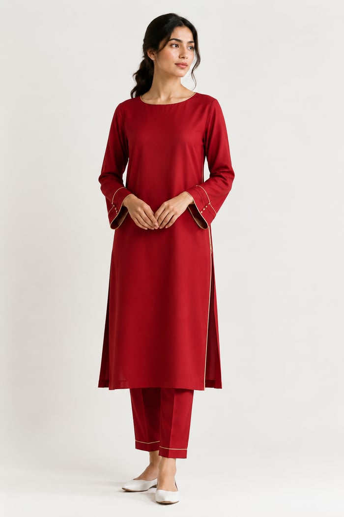 Ambain - Ruby Red Minimal Straight Suit Set