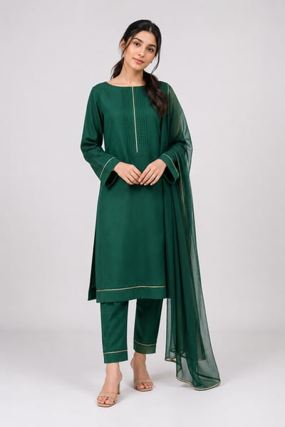 Mia - Emerald Pintuck Boat-Neck Mehndi 3 Piece Suit - Pret Loop