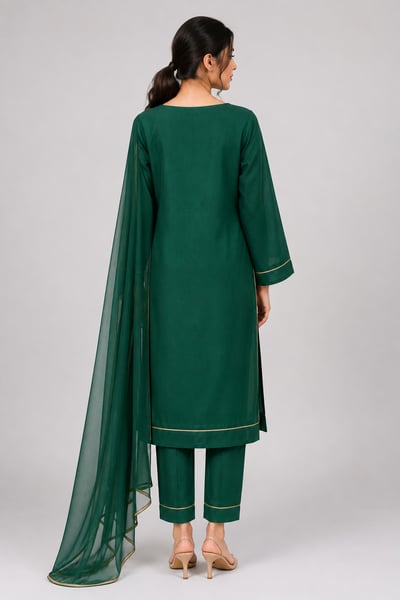 Mia - Emerald Pintuck Boat-Neck Mehndi 3 Piece Suit - view 3