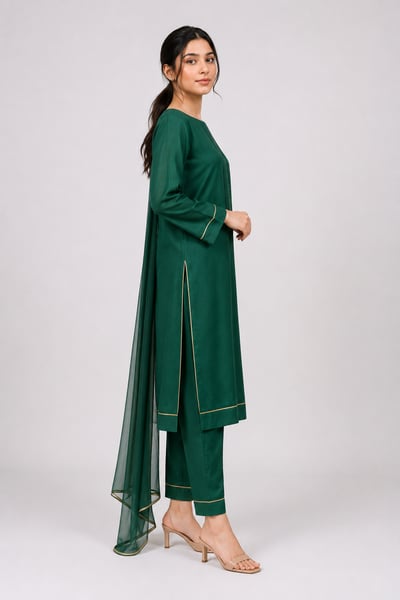 Mia - Emerald Pintuck Boat-Neck Mehndi 3 Piece Suit - view 2
