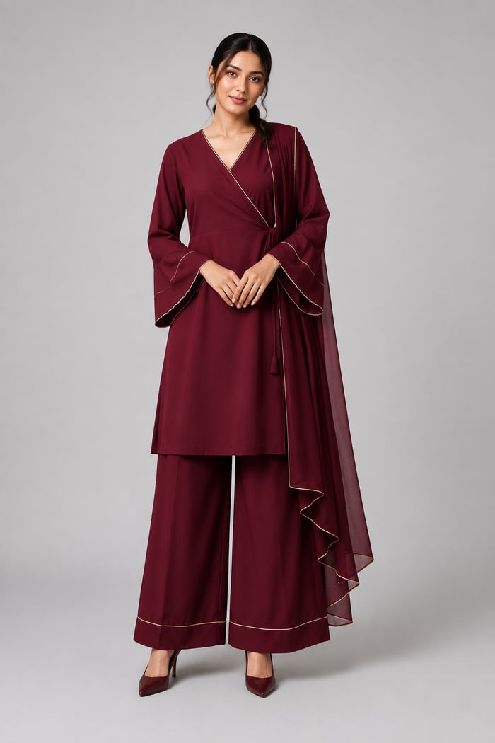 Zarish - Maroon Angrakha Wrap Bell-Sleeve Set
