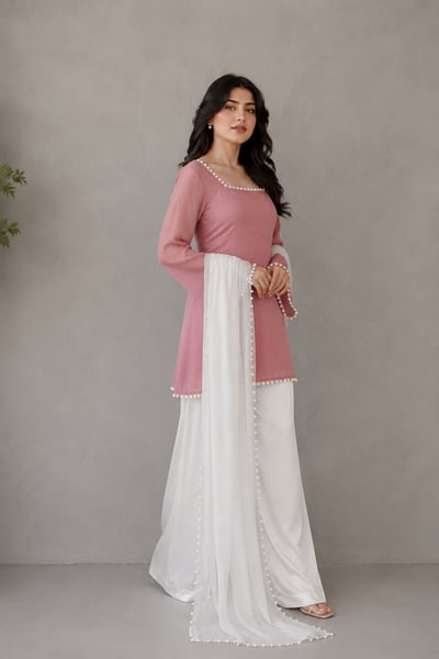 Almgul - Pink Chiffon Pearl Moti Suit with White Dupatta for Women - view 2