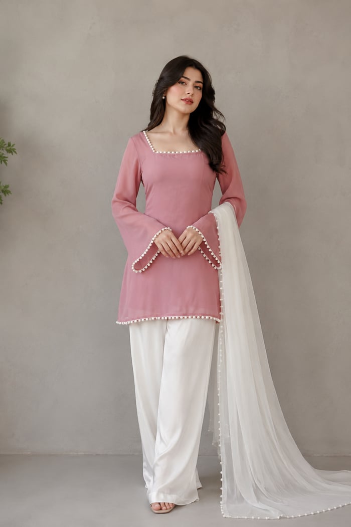 Almgul - Pink Chiffon Pearl Moti Suit with White Dupatta for Women