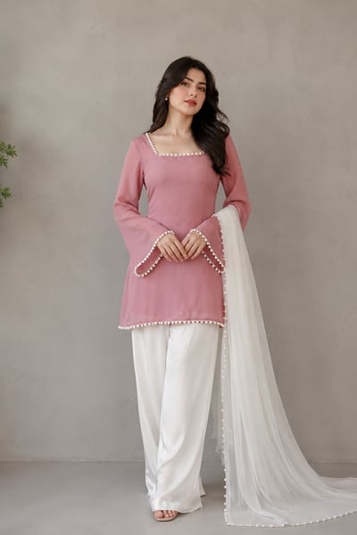 Almgul - Pink Chiffon Pearl Moti Suit with White Dupatta for Women - Pret Loop