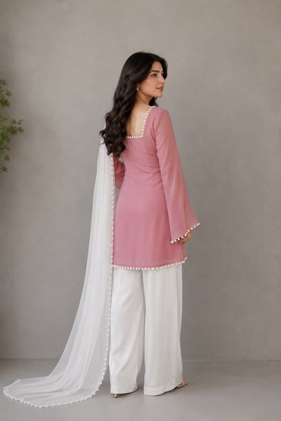 Almgul - Pink Chiffon Pearl Moti Suit with White Dupatta for Women - view 3