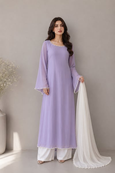 Faye - Lavender Chiffon Long Shirt with Pearls & White Dupatta - Pret Loop