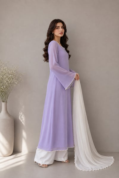 Faye - Lavender Chiffon Long Shirt with Pearls & White Dupatta - view 2