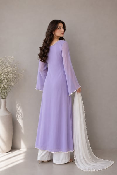 Faye - Lavender Chiffon Long Shirt with Pearls & White Dupatta - view 3