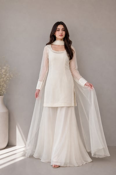 Mahra - Ivory Chiffon 3 Piece Suit with White Dupatta for Women - Pret Loop