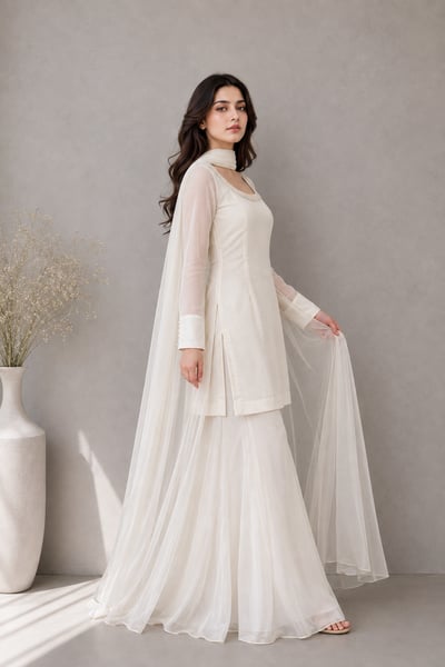 Mahra - Ivory Chiffon 3 Piece Suit with White Dupatta for Women - view 2