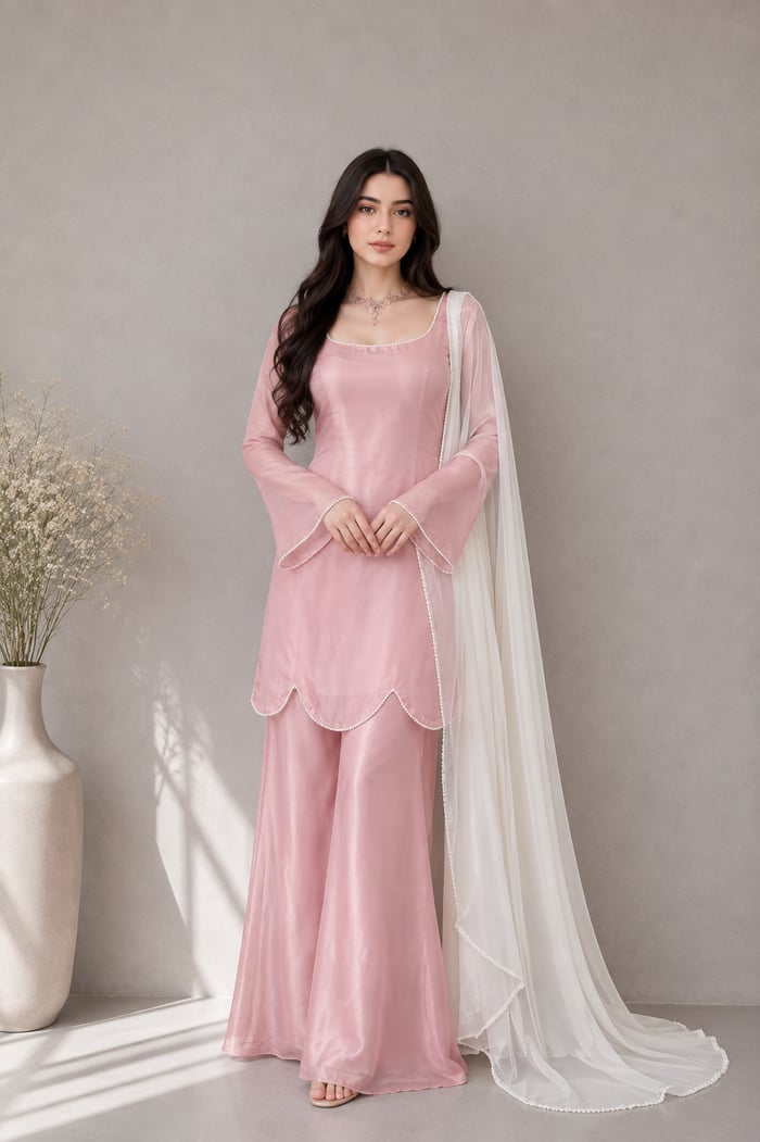 Uroosa - Pink Chiffon 3 Piece Suit with White Dupatta for Women