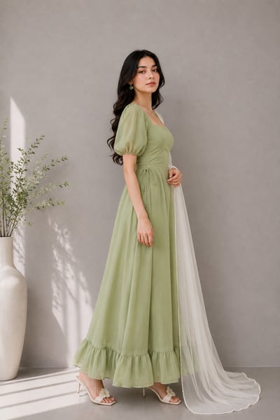 Ayeza - Sage Green Chiffon Maxi Dress with White Dupatta for Women - view 2