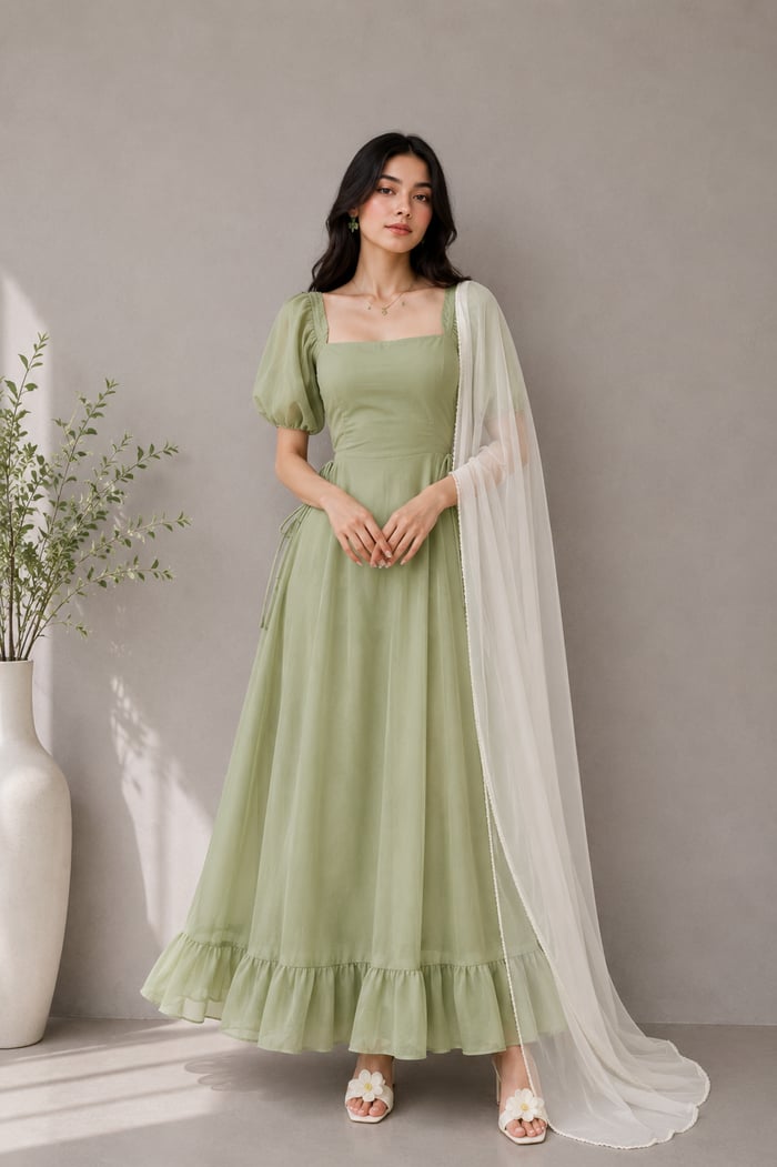 Ayeza - Sage Green Chiffon Maxi Dress with White Dupatta for Women