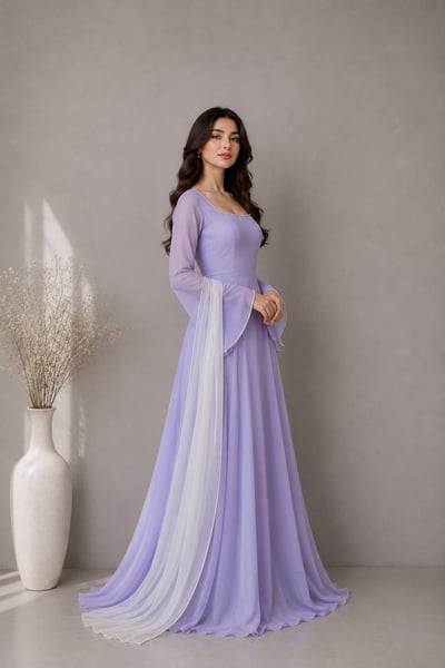 Nashwa - Lavender Chiffon Maxi Dress with White Dupatta for Women - view 2