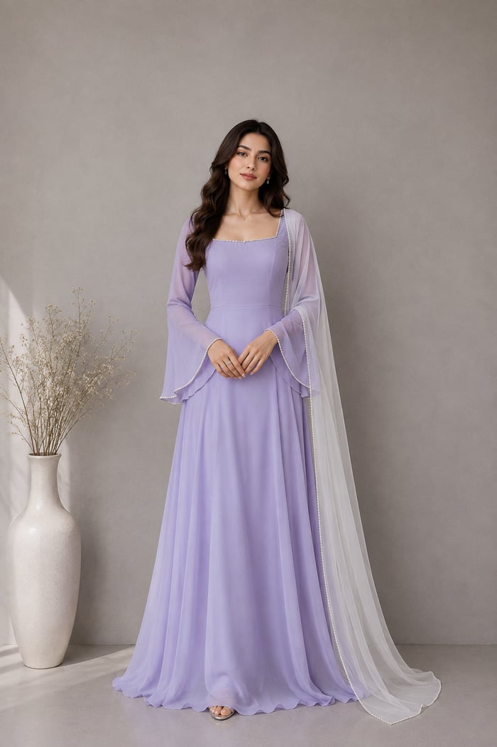 Nashwa - Lavender Chiffon Maxi Dress with White Dupatta for Women
