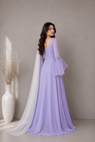 Nashwa - Lavender Chiffon Maxi Dress with White Dupatta for Women - view 3