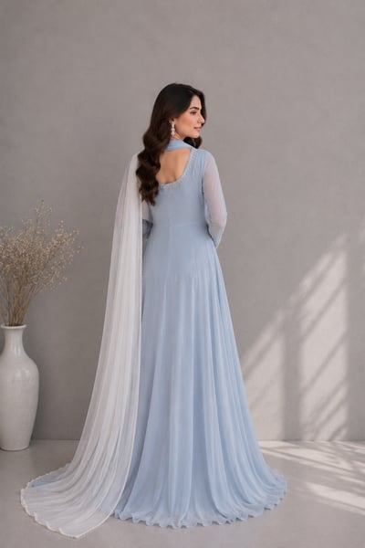 Xael - Sky Blue Chiffon Maxi Dress with White Dupatta for Women - view 3