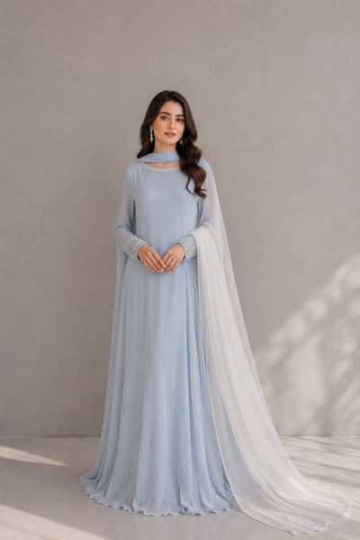 Xael - Sky Blue Chiffon Maxi Dress with White Dupatta for Women - Pret Loop