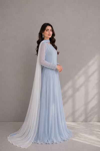 Xael - Sky Blue Chiffon Maxi Dress with White Dupatta for Women - view 2
