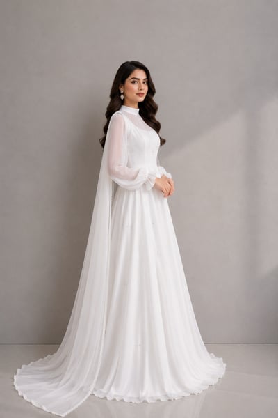Haya - White Chiffon Maxi Dress with Sheer Sleeves and Dupatta - view 2