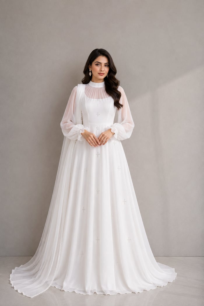 Haya - White Chiffon Maxi Dress with Sheer Sleeves and Dupatta