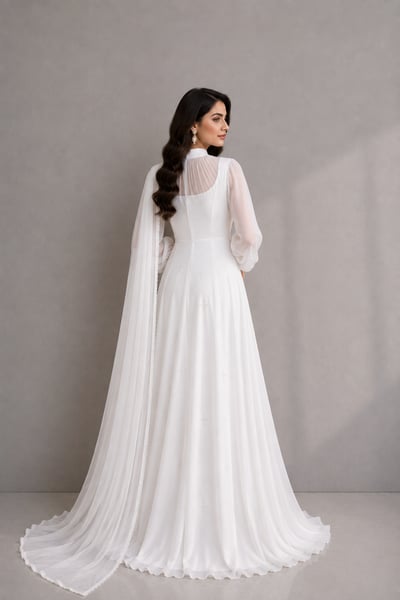 Haya - White Chiffon Maxi Dress with Sheer Sleeves and Dupatta - view 3