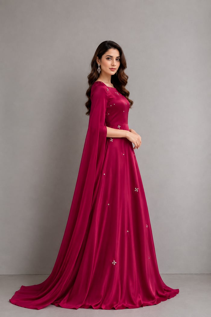 Kausar - Magenta Silk Maxi Dress with Embroidery for Women