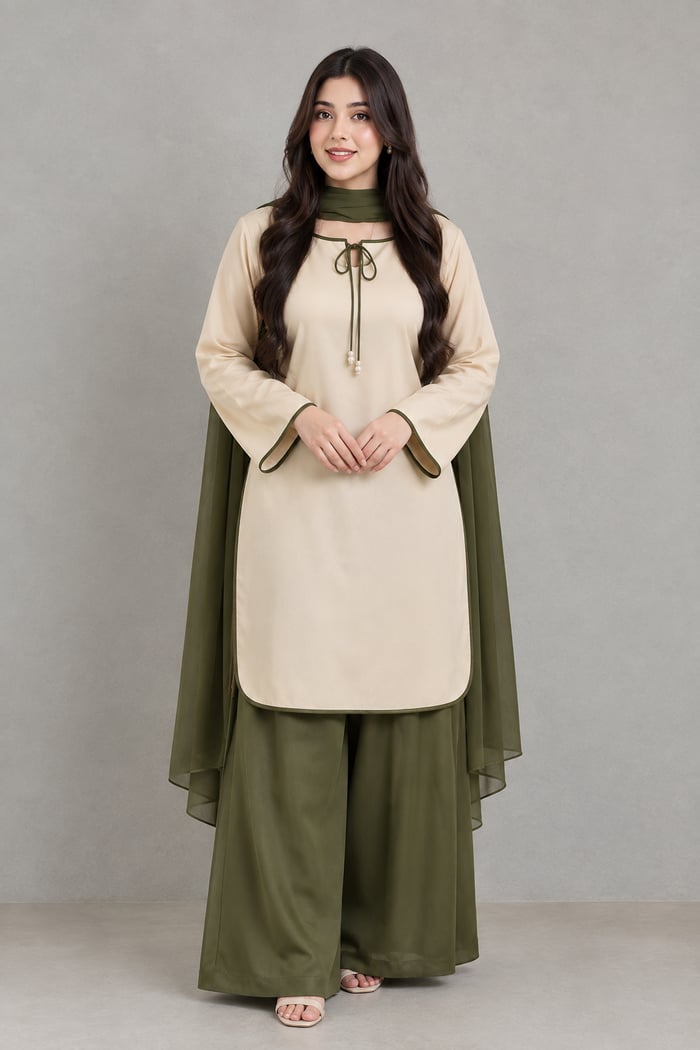 Nakhat - Olive Green 3 Piece Silk Suit for Women