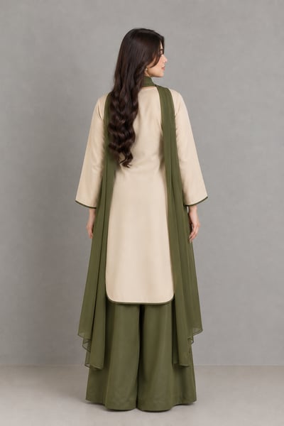 Nakhat - Olive Green 3 Piece Silk Suit for Women - view 3