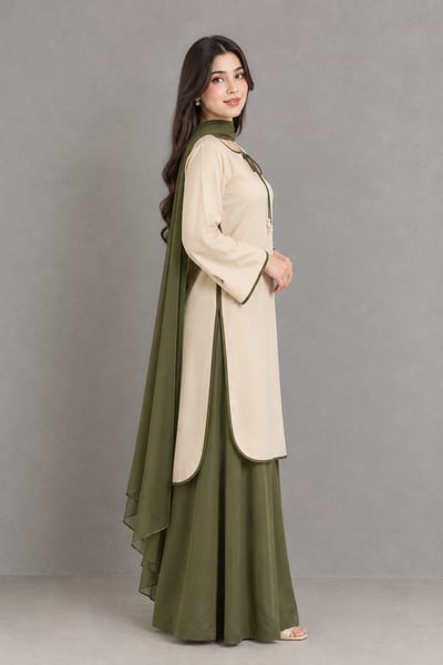 Nakhat - Olive Green 3 Piece Silk Suit for Women - view 2