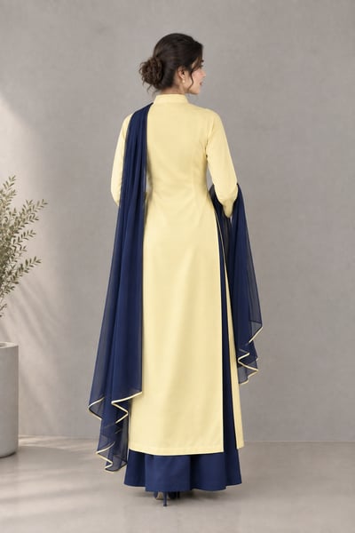 Zumar - Yellow Navy Blue Silk 3 Piece Dress - view 4