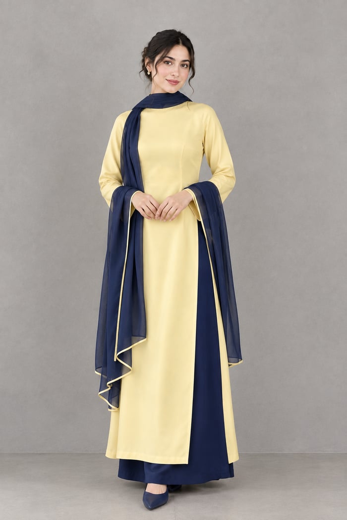 Zumar - Yellow Navy Blue Silk 3 Piece Dress
