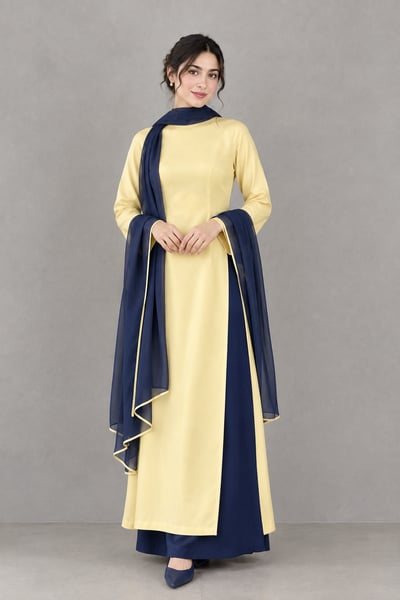 Zumar - Yellow Navy Blue Silk 3 Piece Dress - Pret Loop