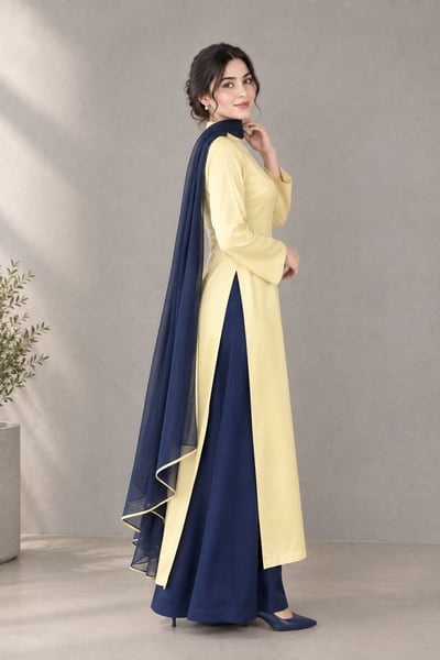 Zumar - Yellow Navy Blue Silk 3 Piece Dress - view 3