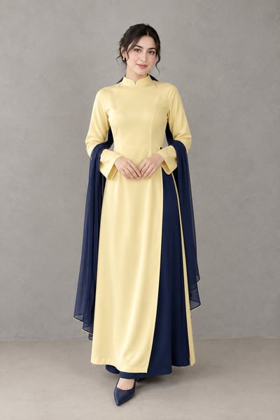 Zumar - Yellow Navy Blue Silk 3 Piece Dress - view 2