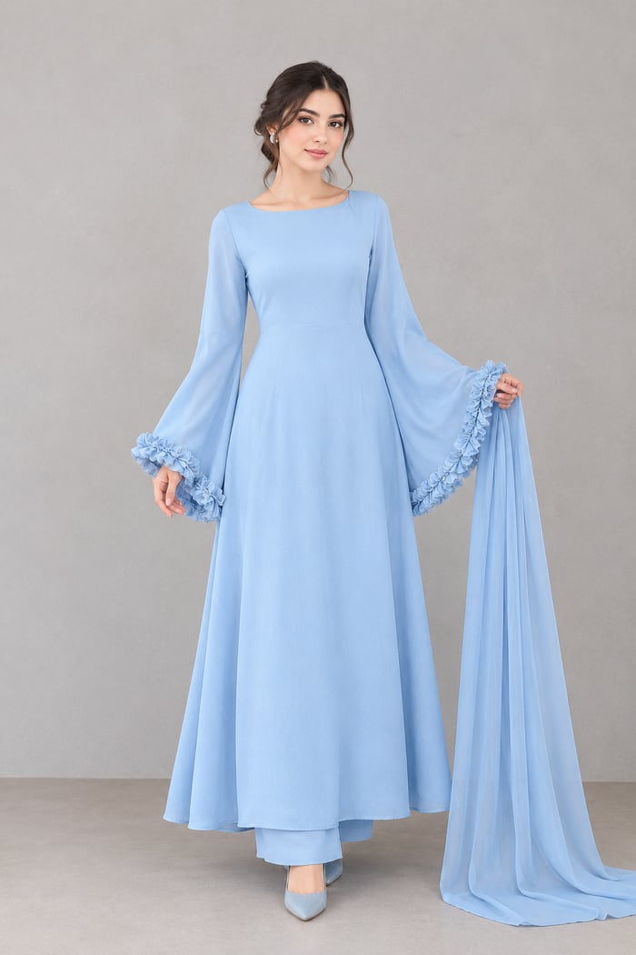 Almish - Blue Chiffon Long Frock 3 Piece Dress