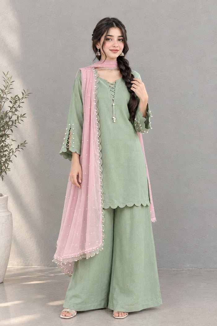 Nudrat - Mint Green 3 Piece Suit with Pink Dupatta