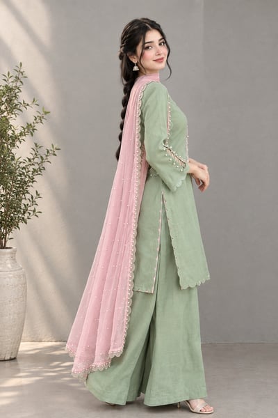 Nudrat - Mint Green 3 Piece Suit with Pink Dupatta - view 2