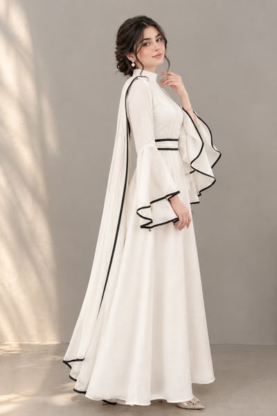 Zeynep - White Black-Piped Maxi Dress - view 2