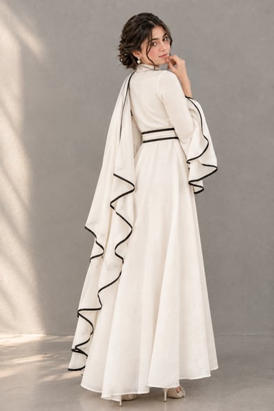 Zeynep - White Black-Piped Maxi Dress - view 3