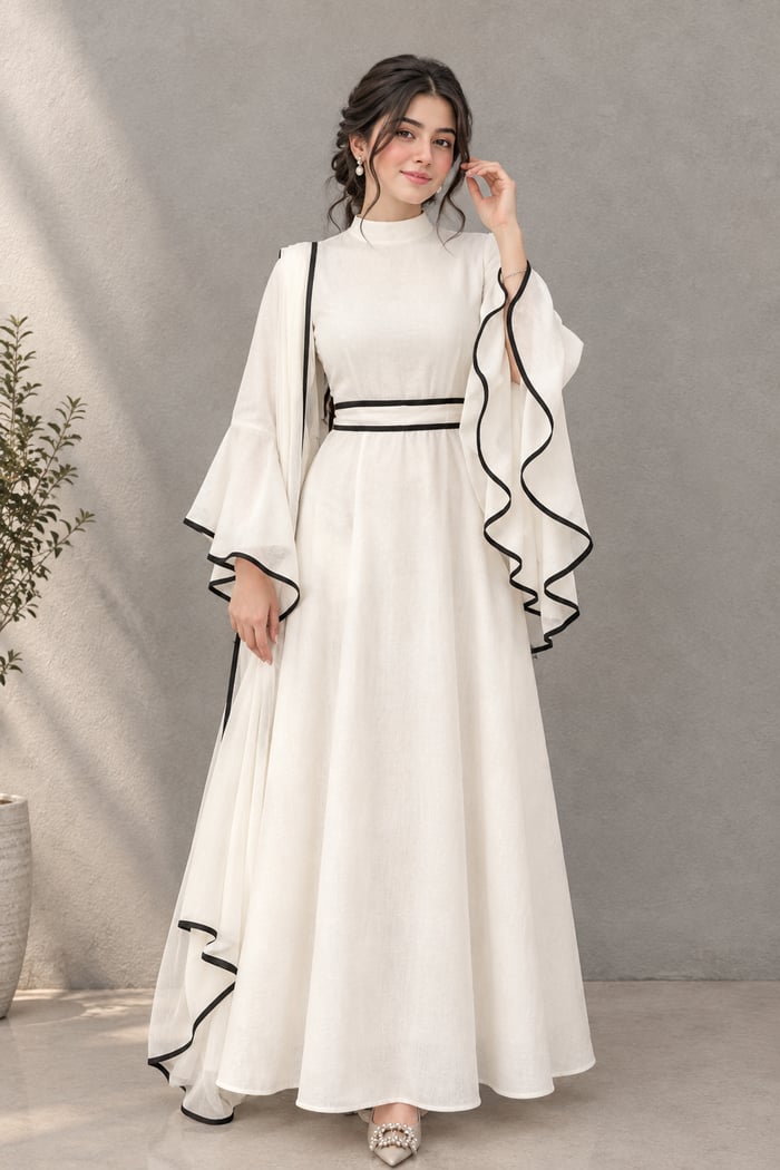 Zeynep - White Black-Piped Maxi Dress