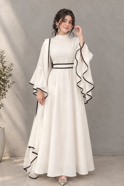 Zeynep - White Black-Piped Maxi Dress - Pret Loop